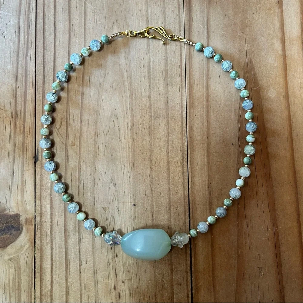 Handcrafted green tone art glass bead necklace